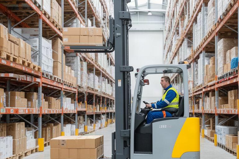 Reachtruckchauffeur in een modern magazijn bij Schiphol tussen hoge stellingen