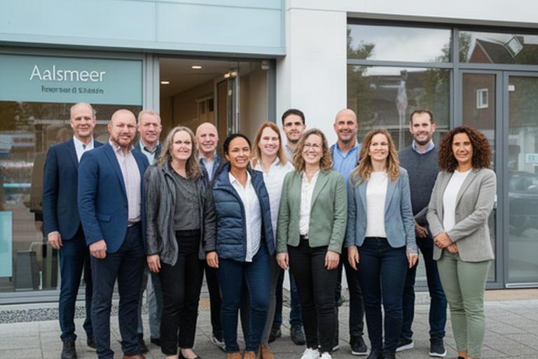 Team van Westeinder Professionals B.V. voor het kantoor aan de Burgemeester Kasteleinweg in Aalsmeer