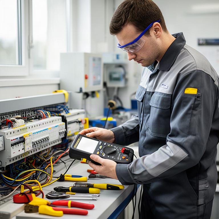 Monteur controleert een elektrische installatie met meetapparatuur in een technische werkplaats